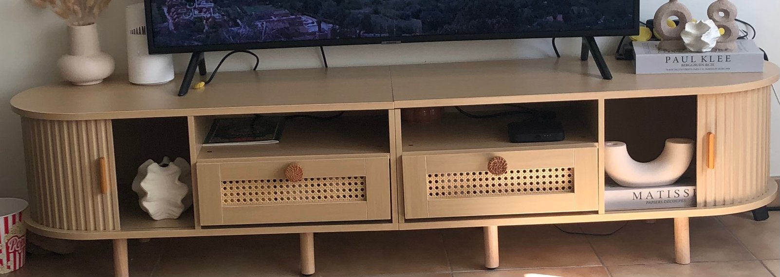 Meuble TV 170x40x40 cm - avec 2 tiroirs en osier, Enlèvement, Comme neuf
