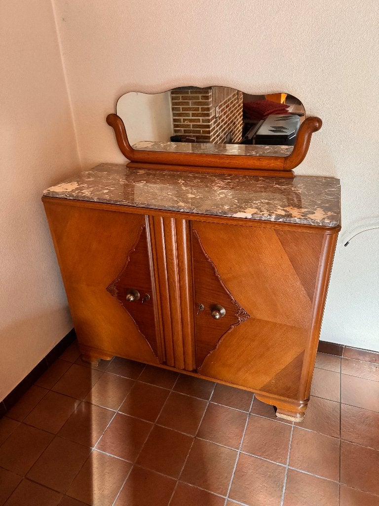 Houten antieke vintage kast met spiegel en marmeren blad, Enlèvement