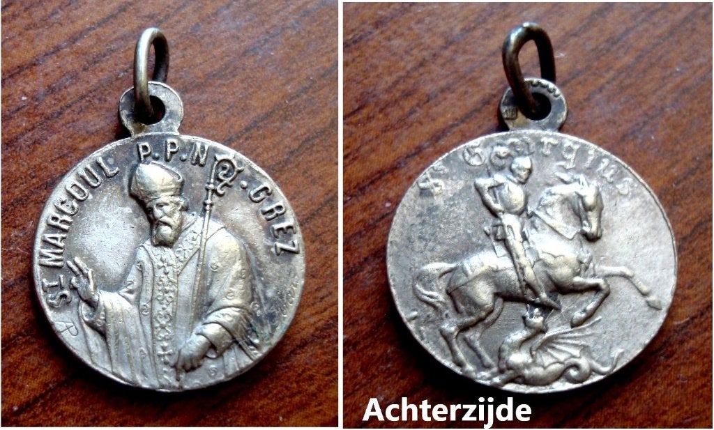 Christelijke medaille met St. Marcoul en St. Georgius, Verzamelen, Religie, Verzenden, Zo goed als nieuw, Overige typen, Christendom | Katholiek