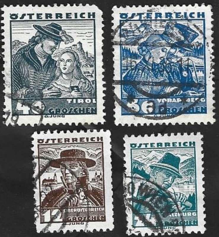 4 Postzegels Oostenrijk 1934 Klederdrachten, Timbres & Monnaies, Timbres | Europe | Autriche, Enlèvement ou Envoi, Affranchi