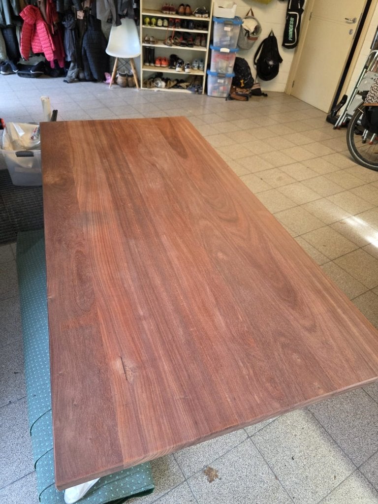 Massief padoek tafelblad – 210  90 cm – 4 cm dik, 50 tot 100 cm, Ophalen of Verzenden, Zo goed als nieuw, Vijf personen of meer