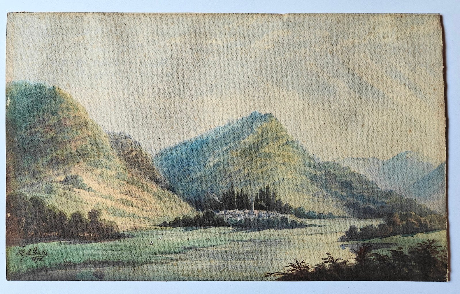 Aquarelle du XIXe siècle. (?) Le Genre. 1898. 39 cm x 24 cm., Collections, Cartes postales | Étranger, Enlèvement ou Envoi