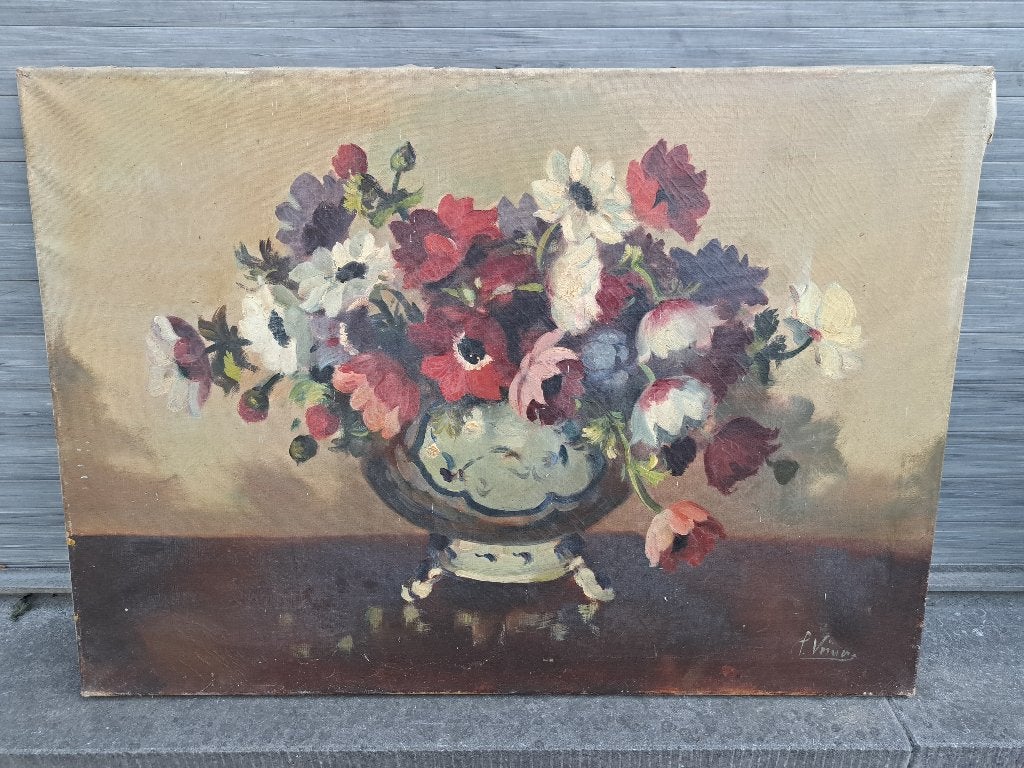 Huile sur toile fleurs signe p verner, Antiquités & Art, Enlèvement ou Envoi, Fleurs, Toile