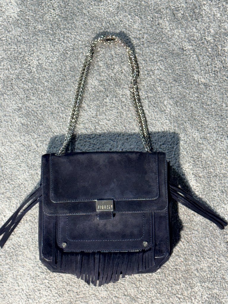 Sac Claudie Pierlot frange modèle Angela bleu profond, Enlèvement ou Envoi, Comme neuf, Bleu, Sac à bandoulière