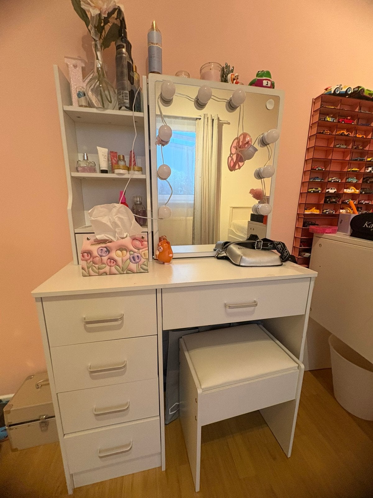Table de maquillage blanche avec miroir, lampes et chaise, Enlèvement, Comme neuf
