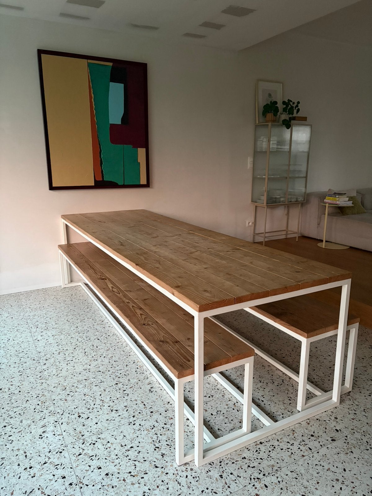 Brandal eettafel steigerhout met stalen frame en 2 banken, Ophalen, 200 cm of meer, 50 tot 100 cm, Zo goed als nieuw