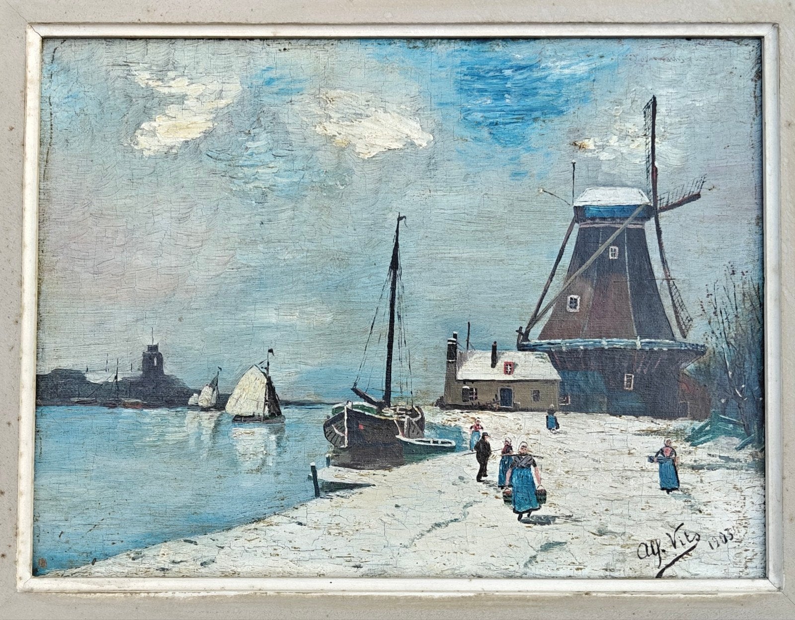 Hollands winterlandschap, 32cm x 24cm, 1903., Ophalen of Verzenden, Gedateerd, Olieverf, Doek