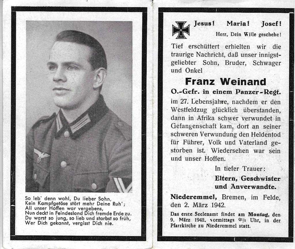F. Weinand O. -Gefr. Panzer-Reg. Deutsch Afrika Korps 1942, Collections, Objets militaires | Seconde Guerre mondiale, Enlèvement ou Envoi