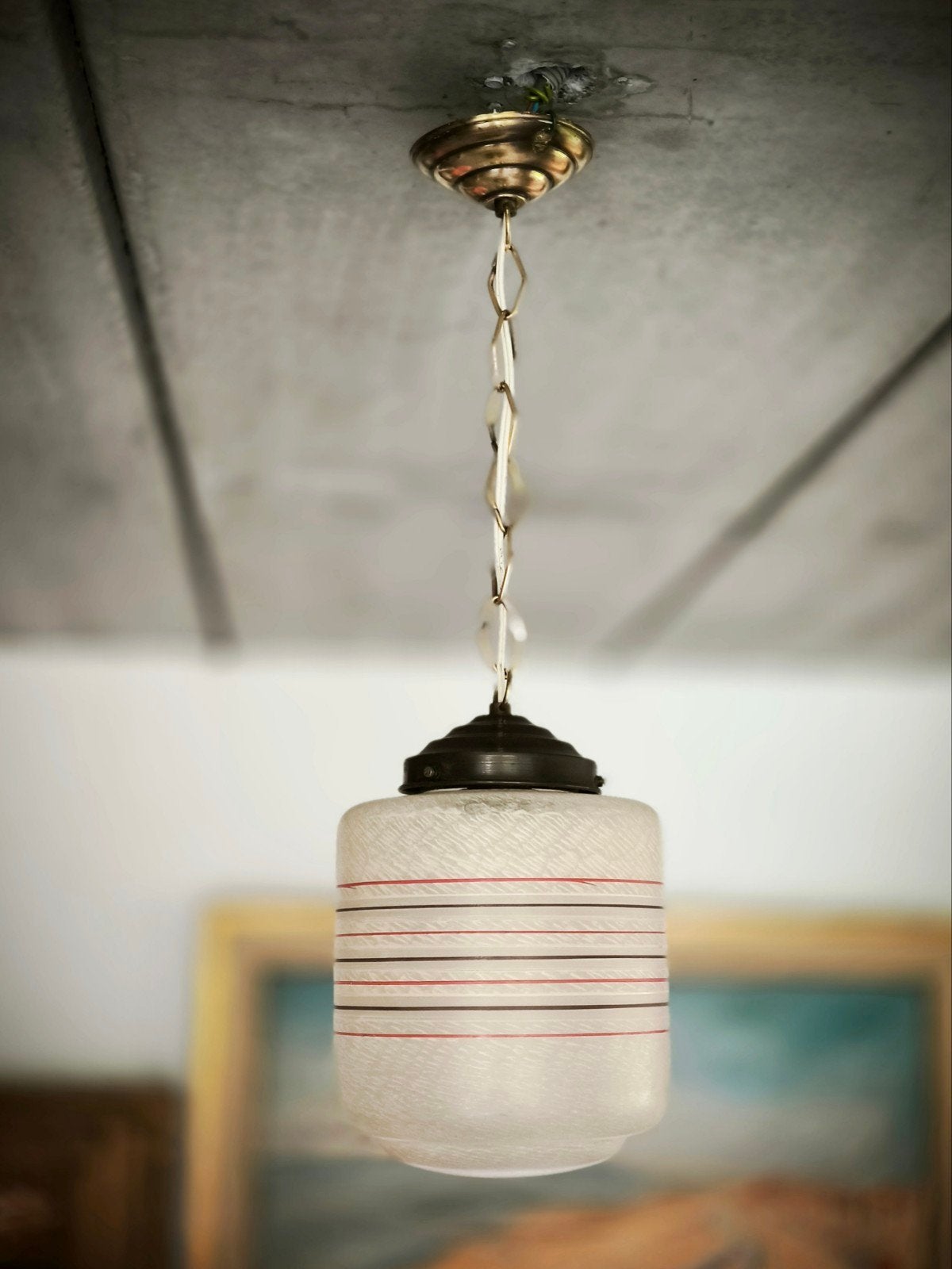 Art Deco plafondlamp, glazen van Scailmont, België,, Art Déco, Gebruikt, 50 tot 75 cm, Ophalen of Verzenden