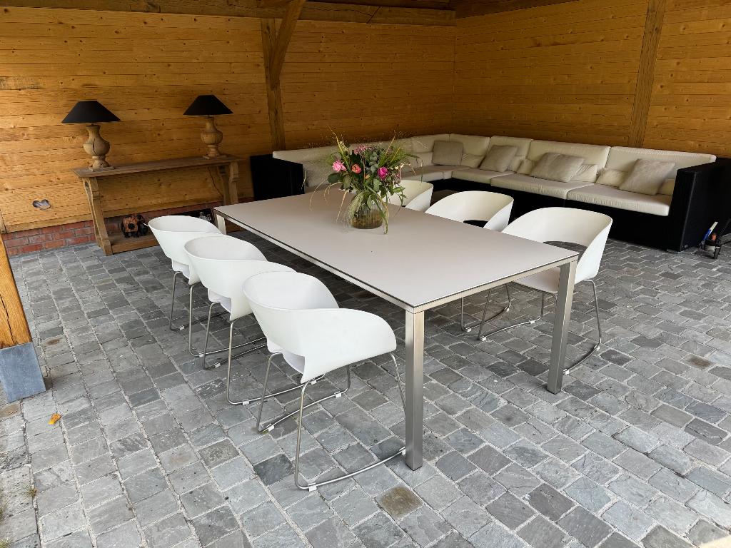 Tribu tuintafel met 6 bijhorende stoelen, Jardin & Terrasse, Tables de jardin, Utilisé, Rectangulaire, Enlèvement