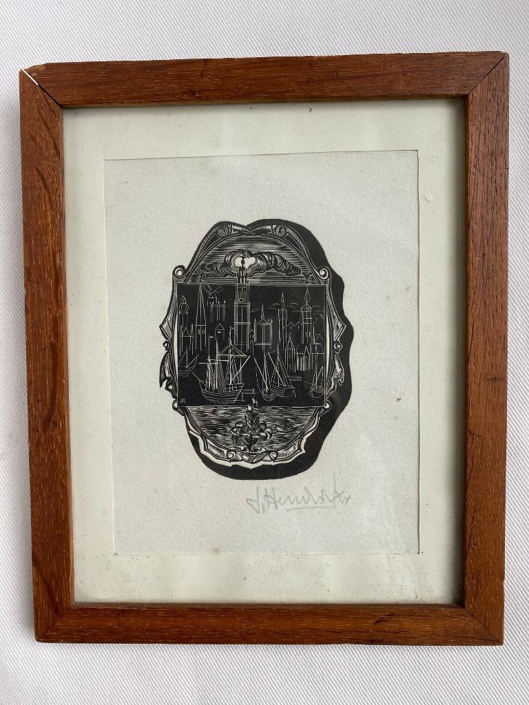Lino - litho getekend J Hendrickx in eiken houten kadertje, Ophalen of Verzenden