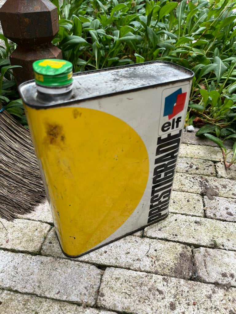 Oud blikken doos olie Elf Prestigrade, Verzamelen, Ophalen, Gebruikt