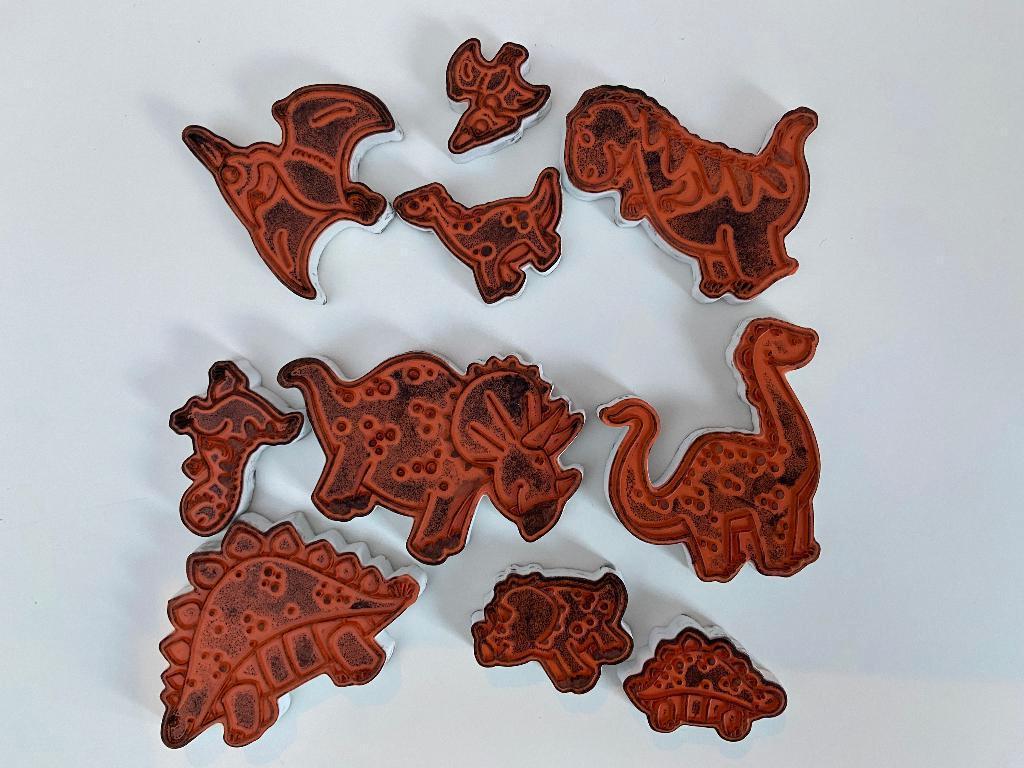 Tampons dinosaures avec tampon encreur, Enlèvement ou Envoi, Utilisé, Estampe en bois