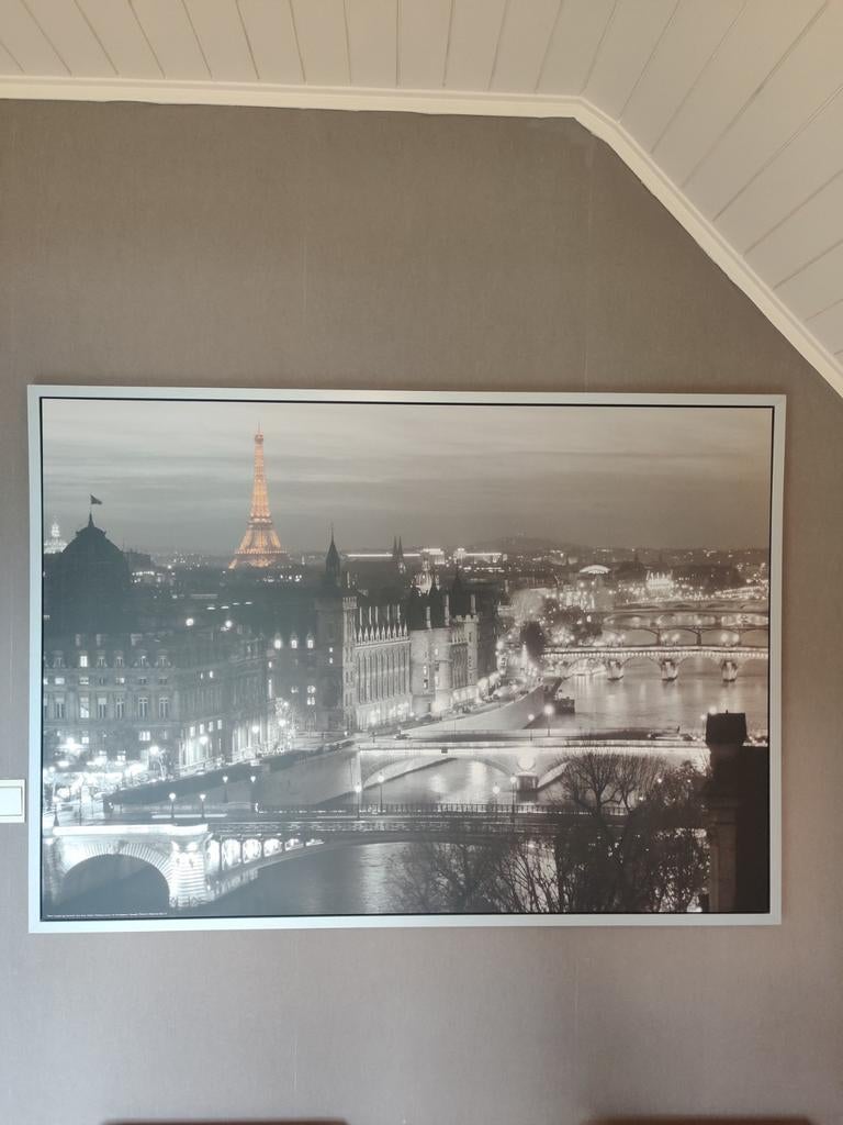 Parijs by night met Eiffeltoren en Seine afm.. B140*100,, Huis en Inrichting, Ophalen, Zo goed als nieuw, 125 cm of meer, Foto of Poster