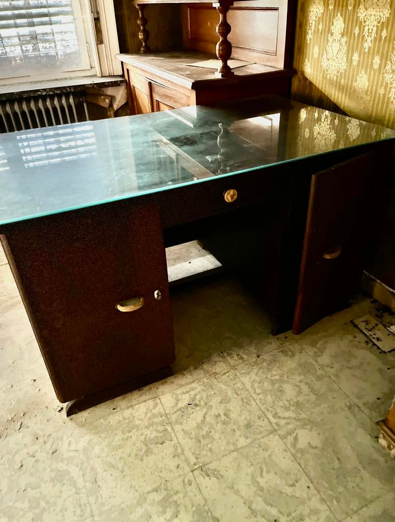 Antieke bureau met glas blad, Ophalen, Gebruikt