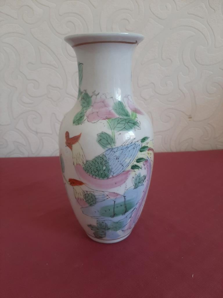 Vintage Oosterse porseleinen vaas, vogels en bloemen '70, Ophalen of Verzenden