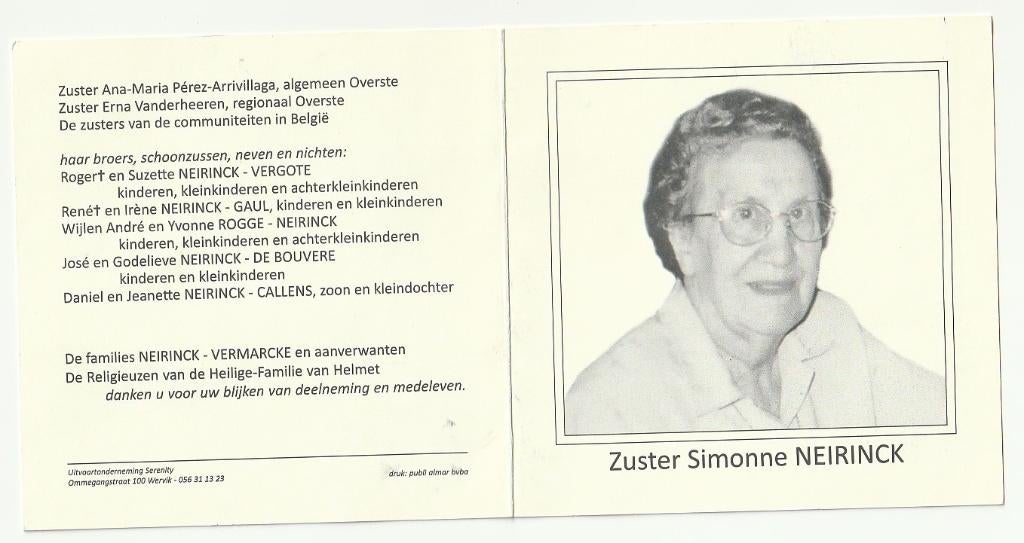 Zuster Simonne NEIRINCK Heilige Famile Aarsele Wervik 2008, Verzenden, Bidprentje