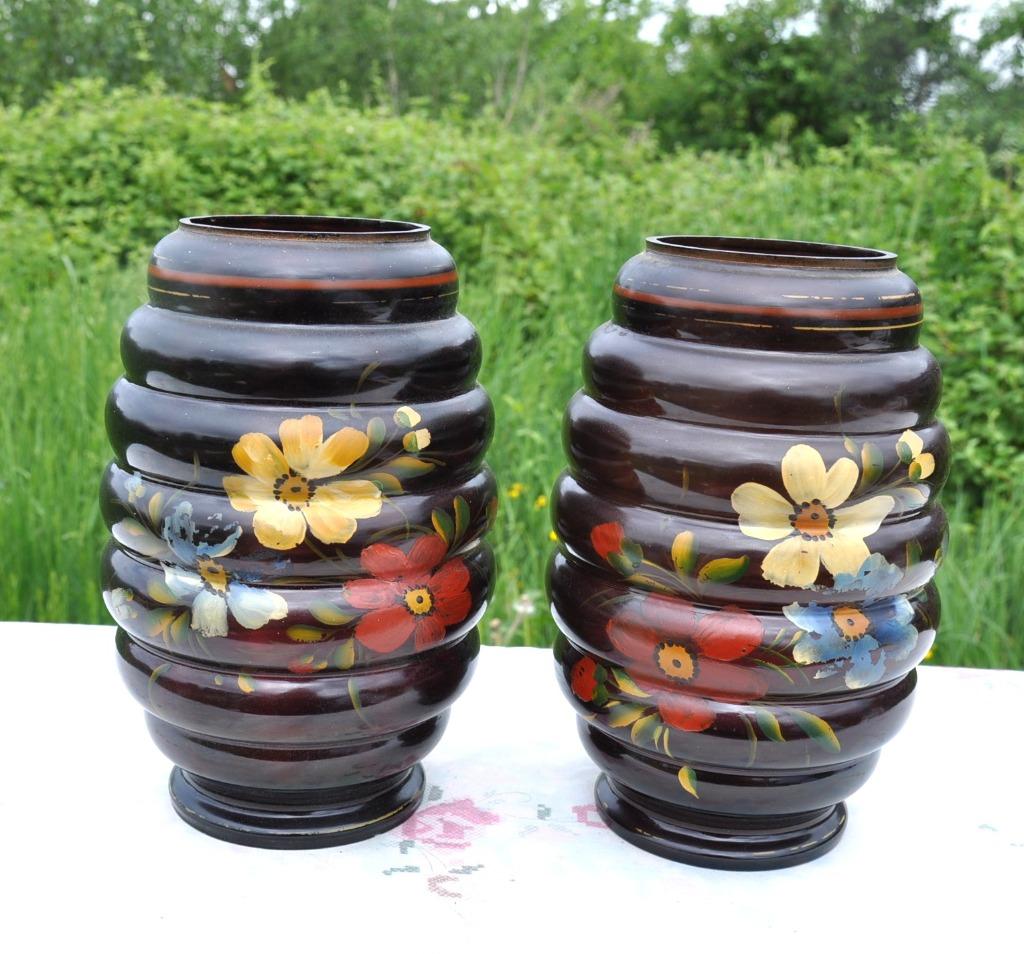 D paire de vases en verre peint main havré /boom, Ophalen of Verzenden