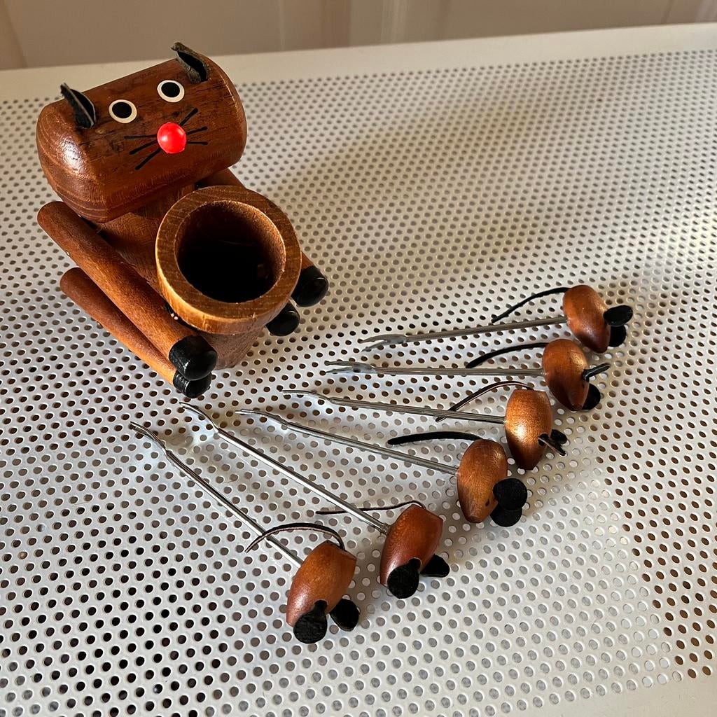Vintage teak houder cocktailvorkjes kat hond, Antiek en Kunst, Curiosa en Brocante, Ophalen of Verzenden