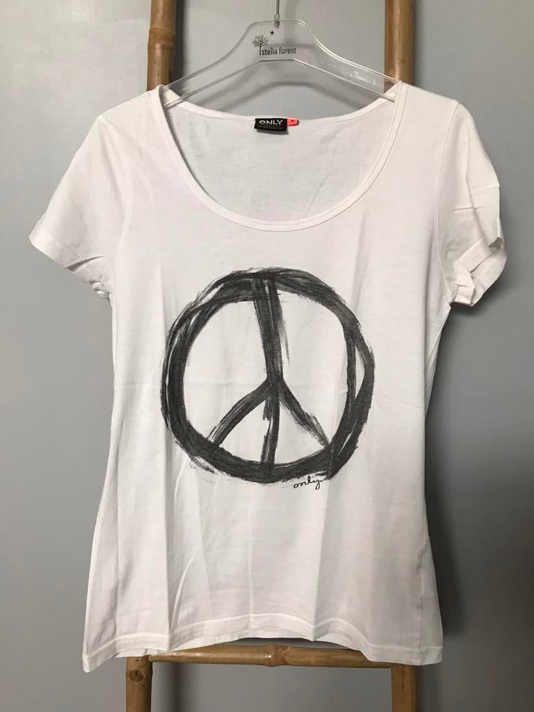 Alleen wit T-shirt met vredes- en liefdessymbool, maat M, Kleding | Dames, Maat 38/40 (M), Only, Wit, Korte mouw
