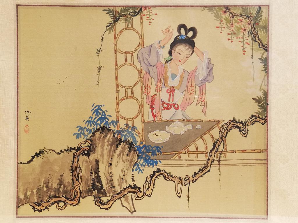 Mooie Chinese aquarel - hofdame in een prieel - 20ste eeuw, Antiek en Kunst, Kunst | Schilderijen | Klassiek, Ophalen of Verzenden