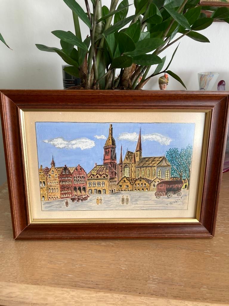 Beau dessin vintage d'une place de ville, Antiquités & Art, Enlèvement ou Envoi