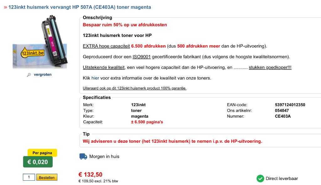 HP507A magenta toner, Ophalen, Nieuw, Toner, 1 2 3 inkt