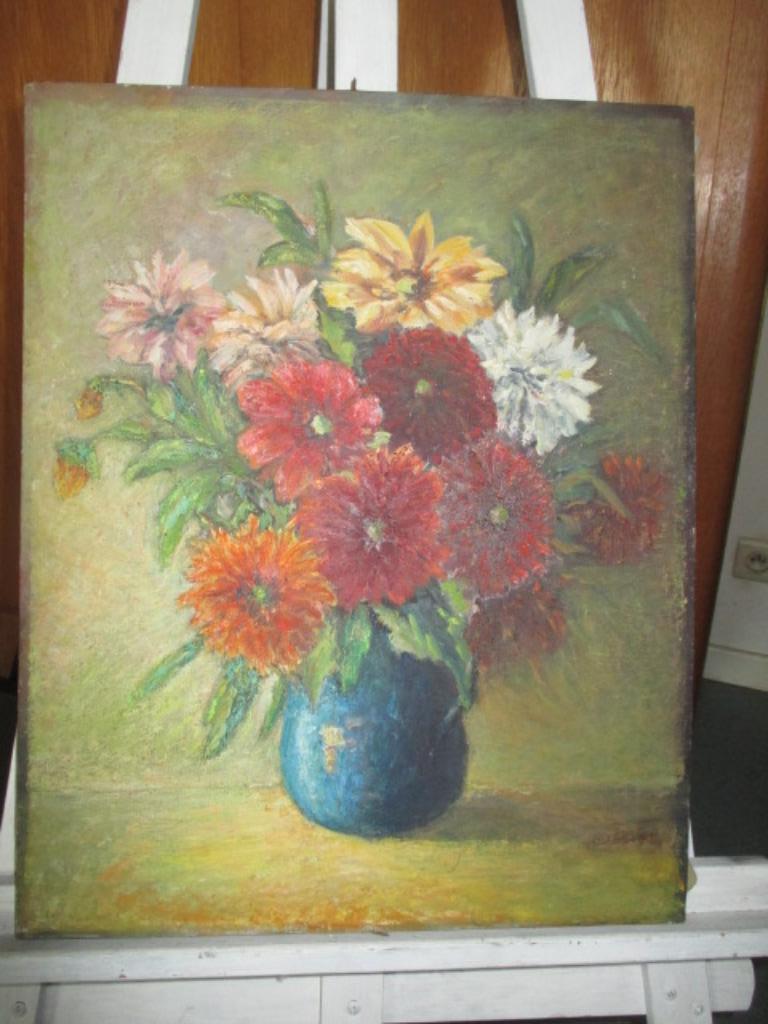 Schilderij van vaas met chrysanten, zonder kader, Antiek en Kunst, Bloemen, Doek, Ophalen of Verzenden, Handgeschilderd