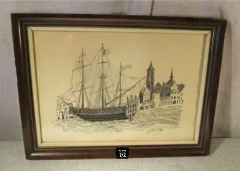 Prachtig Oude Pentekening 'Zeilboot aan de Kade' - Defilett, Antiek en Kunst, Kunst | Tekeningen en Fotografie, Ophalen of Verzenden