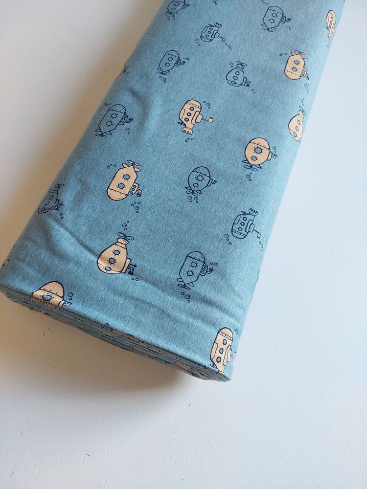 5646) 1,5 mètre tricot tissu sous-marin vieux bleu, Neuf, Enlèvement ou Envoi, Coton, 120 cm ou plus