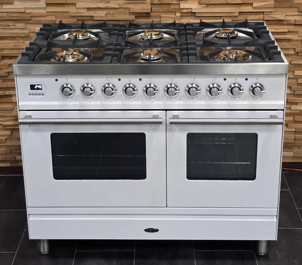 🔥Luxe Fornuis Boretti 100 cm wit + rvs 6 pits 300 oven, Ophalen, 60 cm of meer, Zo goed als nieuw, Energieklasse A of zuiniger