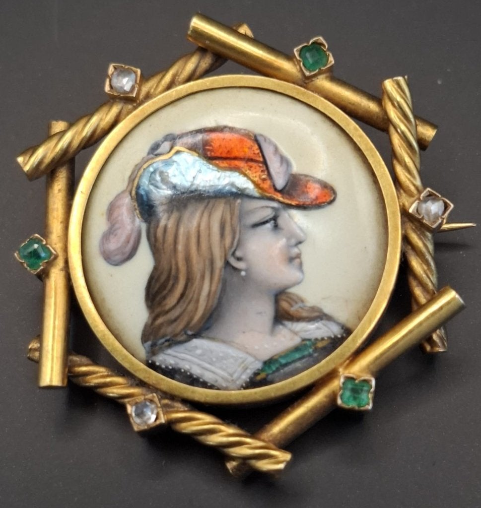 Broche - 18 karaat Geel goud - Diamant - Limoges emaille, Handtassen en Accessoires, Antieke sieraden, Ophalen of Verzenden, Goud