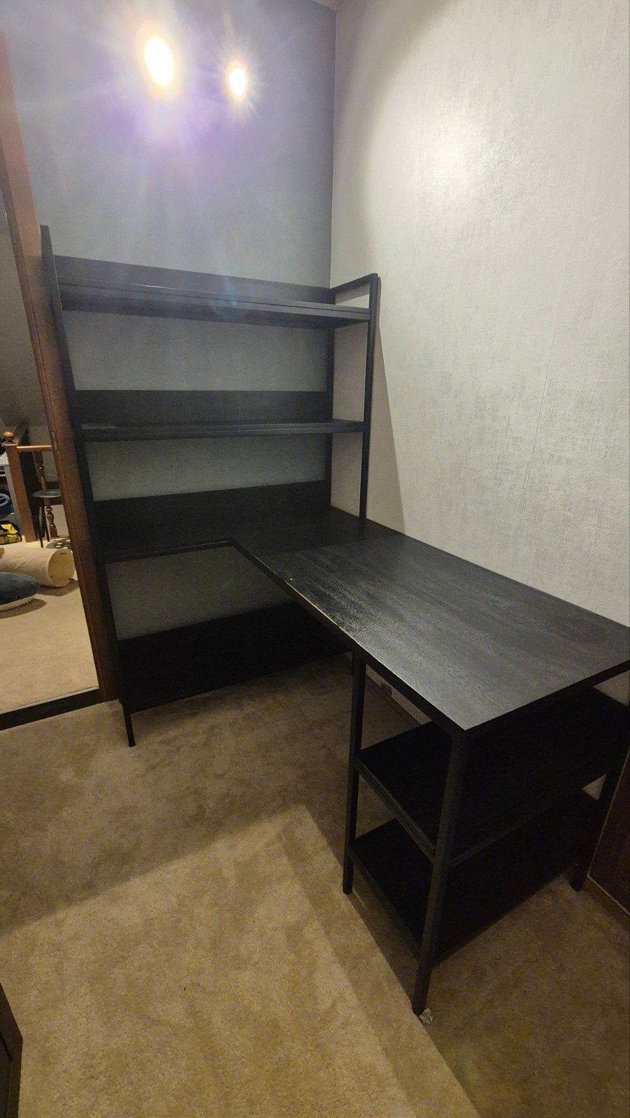 hoekbureau zwart met schappen, metaal + hout, Huis en Inrichting, Ophalen, Hoekbureau, 140 cm, Opbergruimte