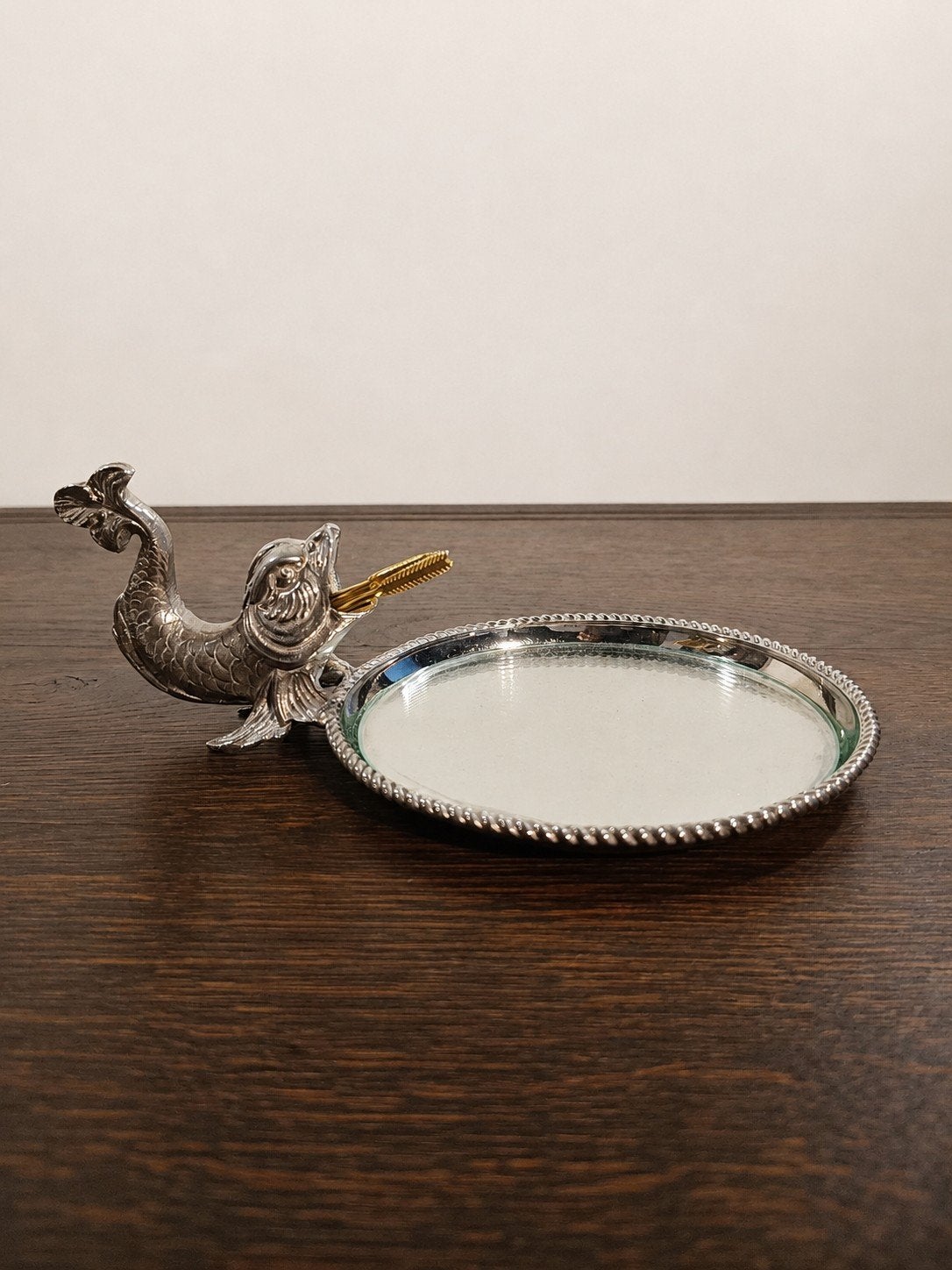 Plat apéritif vintage en métal argenté avec plateau miroir, Maison & Meubles, Argenté, Métal