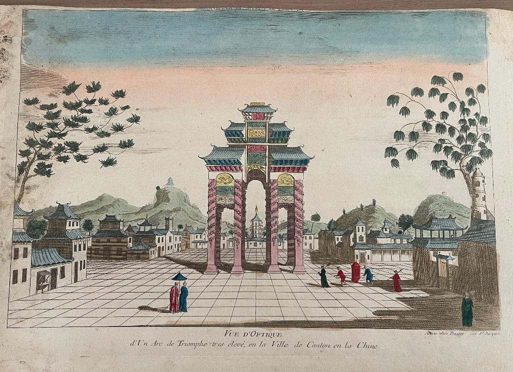 Antieke Prent van Triomphboog   in Guangzhou , circa 1700, Antiek en Kunst, Ophalen