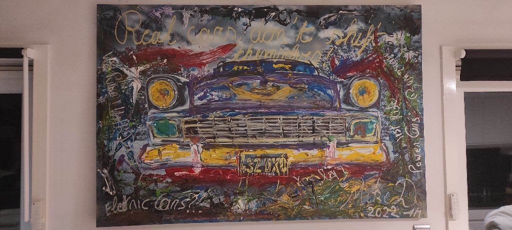 Grand tableau moderne d'Oldtimer, Enlèvement, Signé, Peinture acrylique, Véhicules