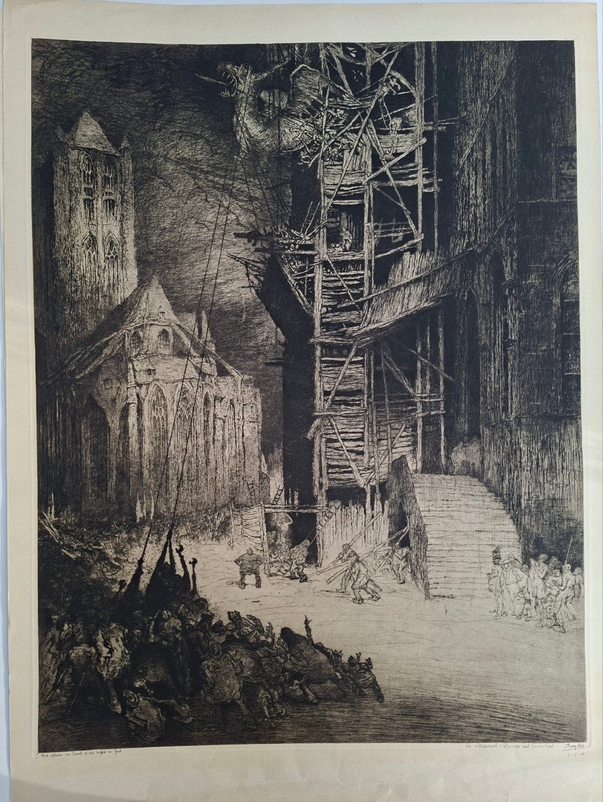 DE BRUYCKER Jules "Het plaatsen der draak op Belfort" ets