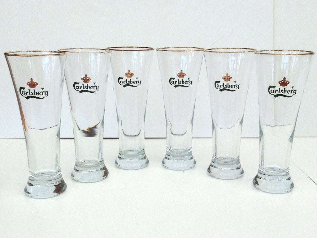 6 verres à bière Carlsberg 33cl, logo vert, bordure dorée, Envoi, Comme neuf, Verre à bière