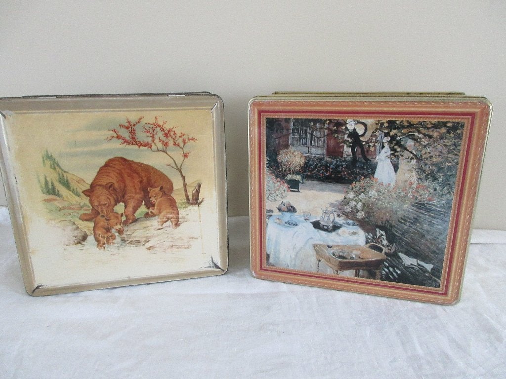 Vintage blikken doos VAN MELLE decor beren en Van Gogh, Verzamelen, Ophalen