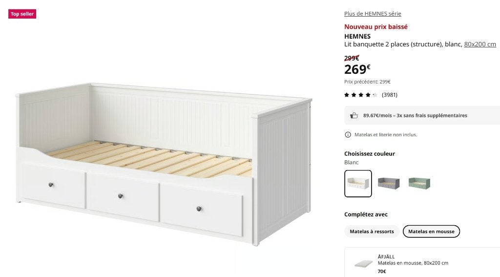 LIT Banquette ikea Hemnes blanc 80x200 extensible 2 places, Maison & Meubles, Banquette lit IKEA, Une personne, Utilisé, Enlèvement