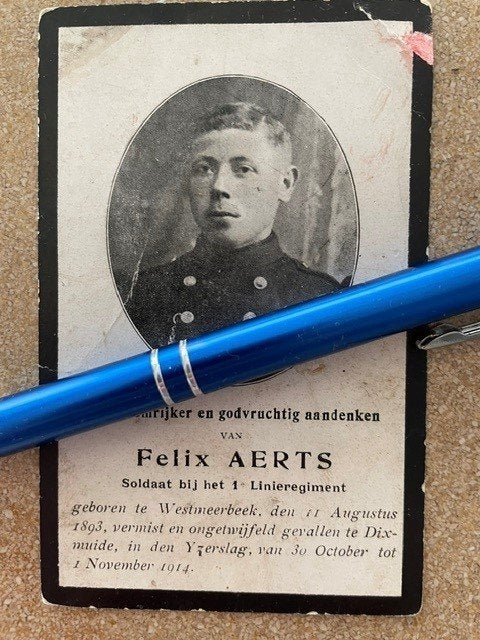 14-18 Westmeerbeek Soldaat 1Liniereg AERTS + Diksmuide 1914, Ophalen of Verzenden, Bidprentje