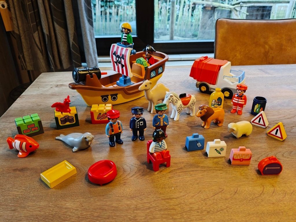 123 Verzameling Playmobil 1.2.3 Piratenschip Vuilniswagen, Kinderen en Baby's, Gebruikt, Complete set, 1.2.3, Ophalen of Verzenden
