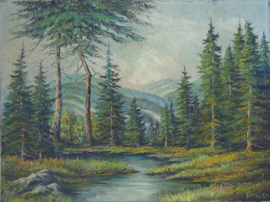 KRAUSE / BERGLANDSCHAP BOMEN / OLIEVERF / 60x80cm / CHASSIS, Ophalen, Doek, Expressionistisch, Landschap