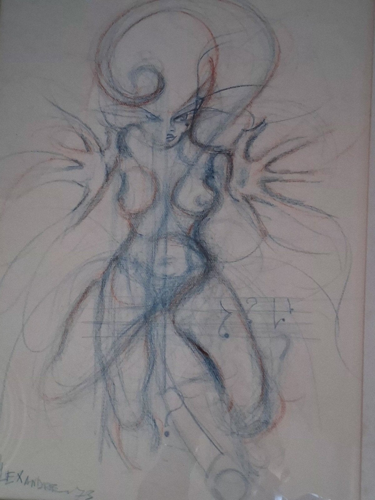 2 bijzondere abstracte psychedelische tekeningen gesigneerd, Antiek en Kunst, Ophalen of Verzenden, Achter glas