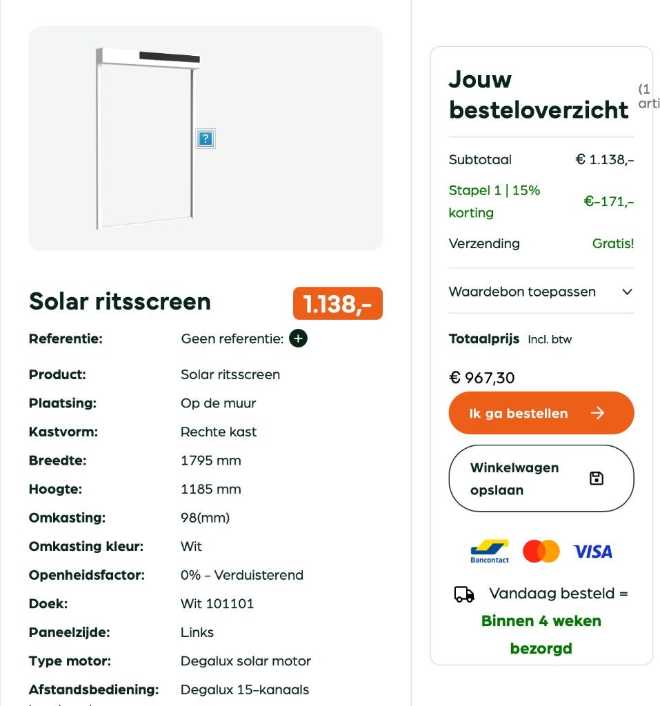 Écran solaire zippé Degalux W2790XH1455MM et W1730XH1185MM, Bricolage & Construction, Volets, Comme neuf, 100 à 150 cm, 100 à 150 cm