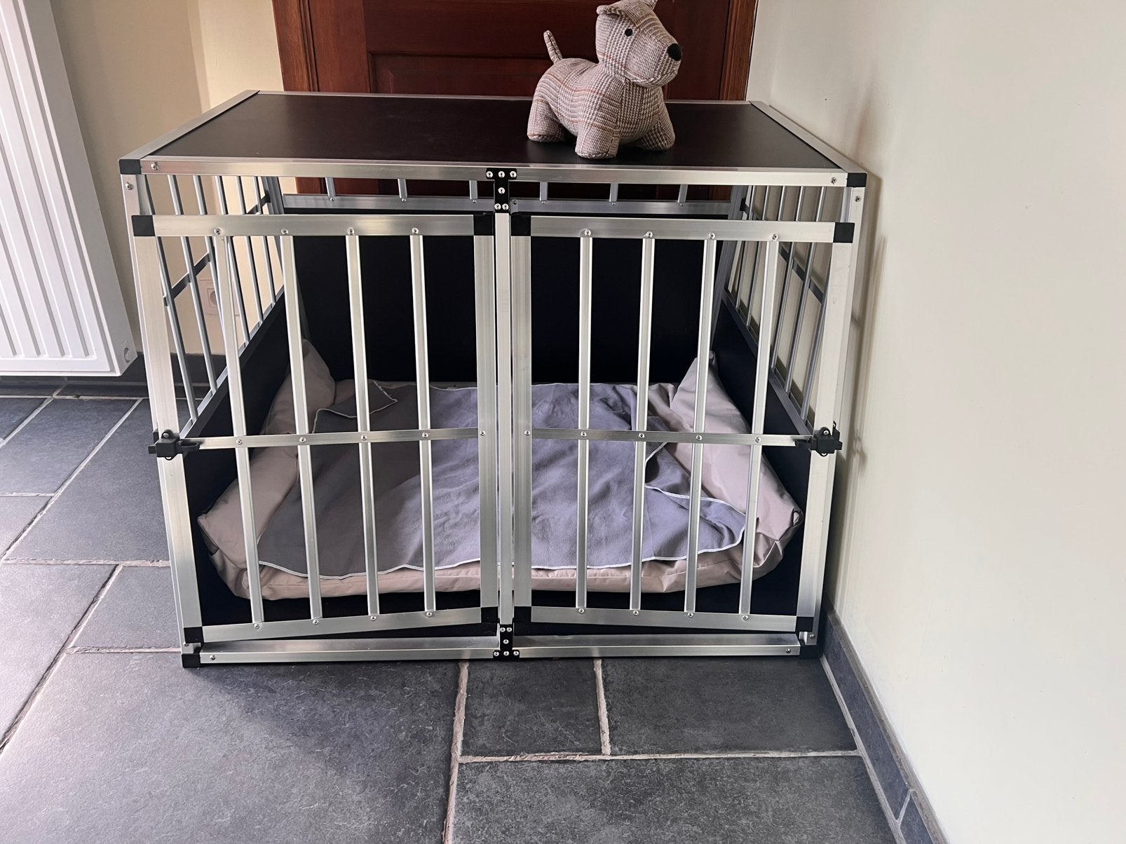 Aluminium dubbele hondenbench – zo goed als nieuw –, Dieren en Toebehoren, Ophalen, Zo goed als nieuw