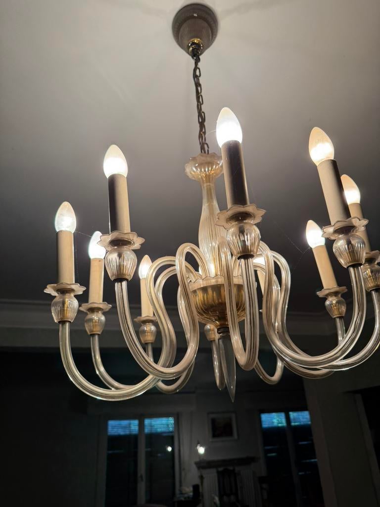 Grand lustre en verre soufflé – 10 bras – style Murano, Verre, Enlèvement, Utilisé, /