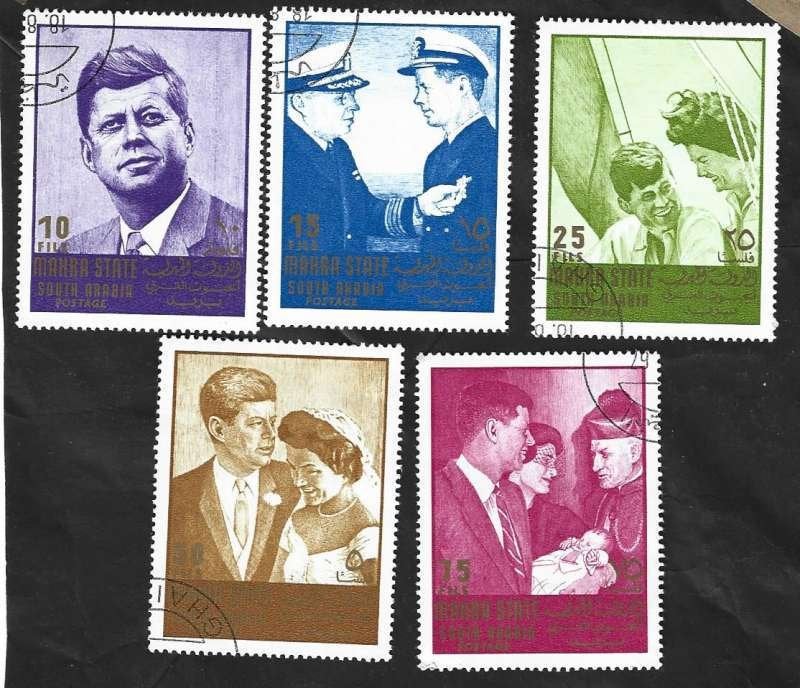 5 Postzegels Mahra 1967 Kennedy, Timbres & Monnaies, Enlèvement ou Envoi, Affranchi, Asie centrale