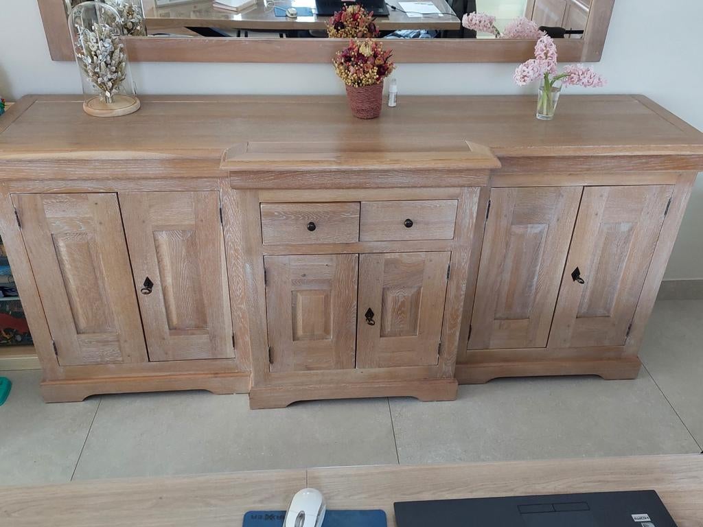 Ensemble 3 pièces/Dressoir + table + miroir cérusé, Enlèvement
