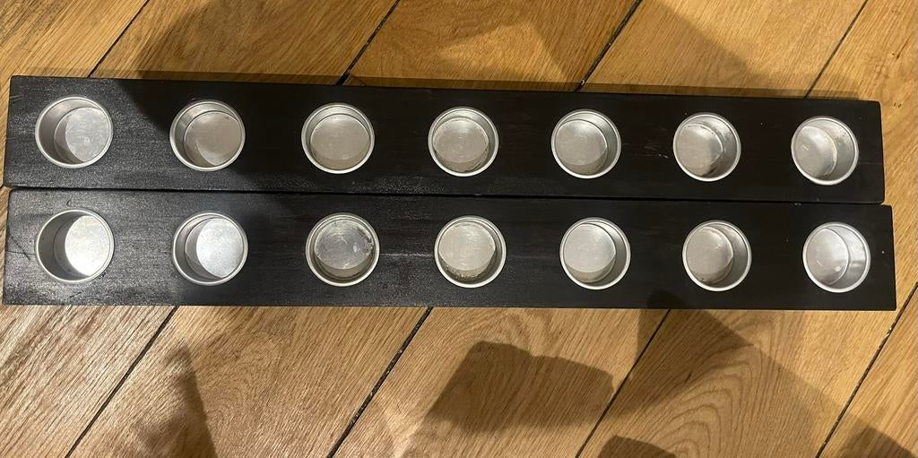Set van 2 lange zwarte houten kandelaars (elk 7 kaarsen), Ophalen of Verzenden, Zo goed als nieuw, Zwart, Hout